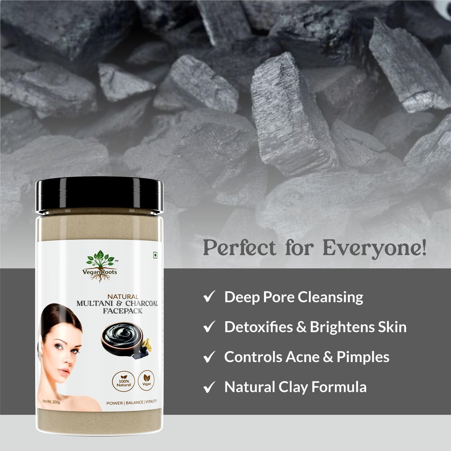Natural Face Pack With Multani mitti and Activated Charcoal Powder | Anti-Aging , Tan Removal | Oil Control & Glowing Skin 200g