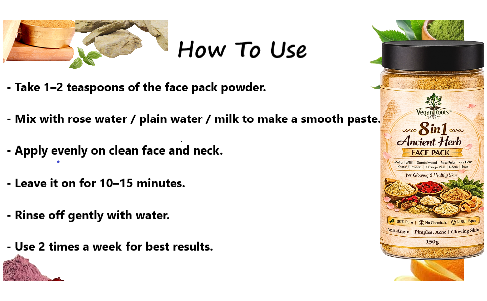 Pure & Natural 8 in 1 Ancient Herb Face Pack with Multani Mitti, Sandalwood, Rose Petal, Rice Flour, Kastur Turmeric, Orange Peel, Neem, Besan for Glowing, Healthy, Anti-Ageing Skin, All Skin Types, 150g