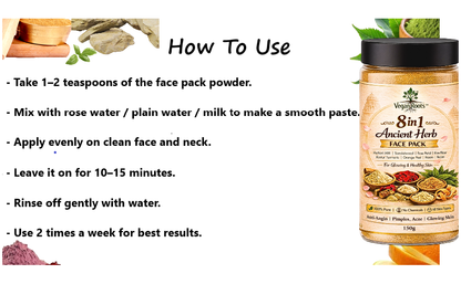 Pure & Natural 8 in 1 Ancient Herb Face Pack with Multani Mitti, Sandalwood, Rose Petal, Rice Flour, Kastur Turmeric, Orange Peel, Neem, Besan for Glowing, Healthy, Anti-Ageing Skin, All Skin Types, 150g