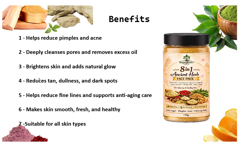 Pure & Natural 8 in 1 Ancient Herb Face Pack with Multani Mitti, Sandalwood, Rose Petal, Rice Flour, Kastur Turmeric, Orange Peel, Neem, Besan for Glowing, Healthy, Anti-Ageing Skin, All Skin Types, 150g