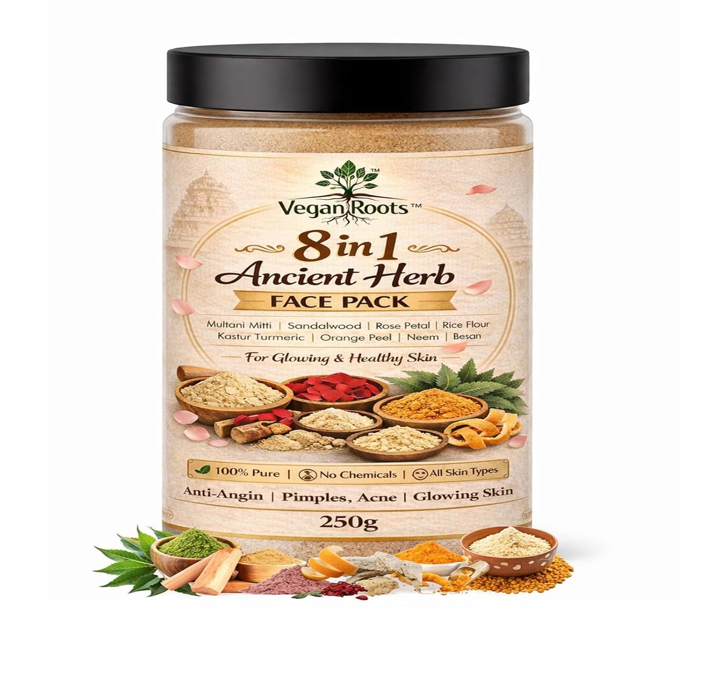 Pure & Natural 8 in 1 Ancient Herb Face Pack with Multani Mitti, Sandalwood, Rose Petal, Rice Flour, Kastur Turmeric, Orange Peel, Neem, Besan for Glowing, Healthy, Anti-Ageing Skin, All Skin Types, 150g