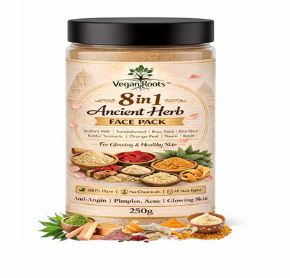 Pure & Natural 8 in 1 Ancient Herb Face Pack with Multani Mitti, Sandalwood, Rose Petal, Rice Flour, Kastur Turmeric, Orange Peel, Neem, Besan for Glowing, Healthy, Anti-Ageing Skin, All Skin Types, 150g