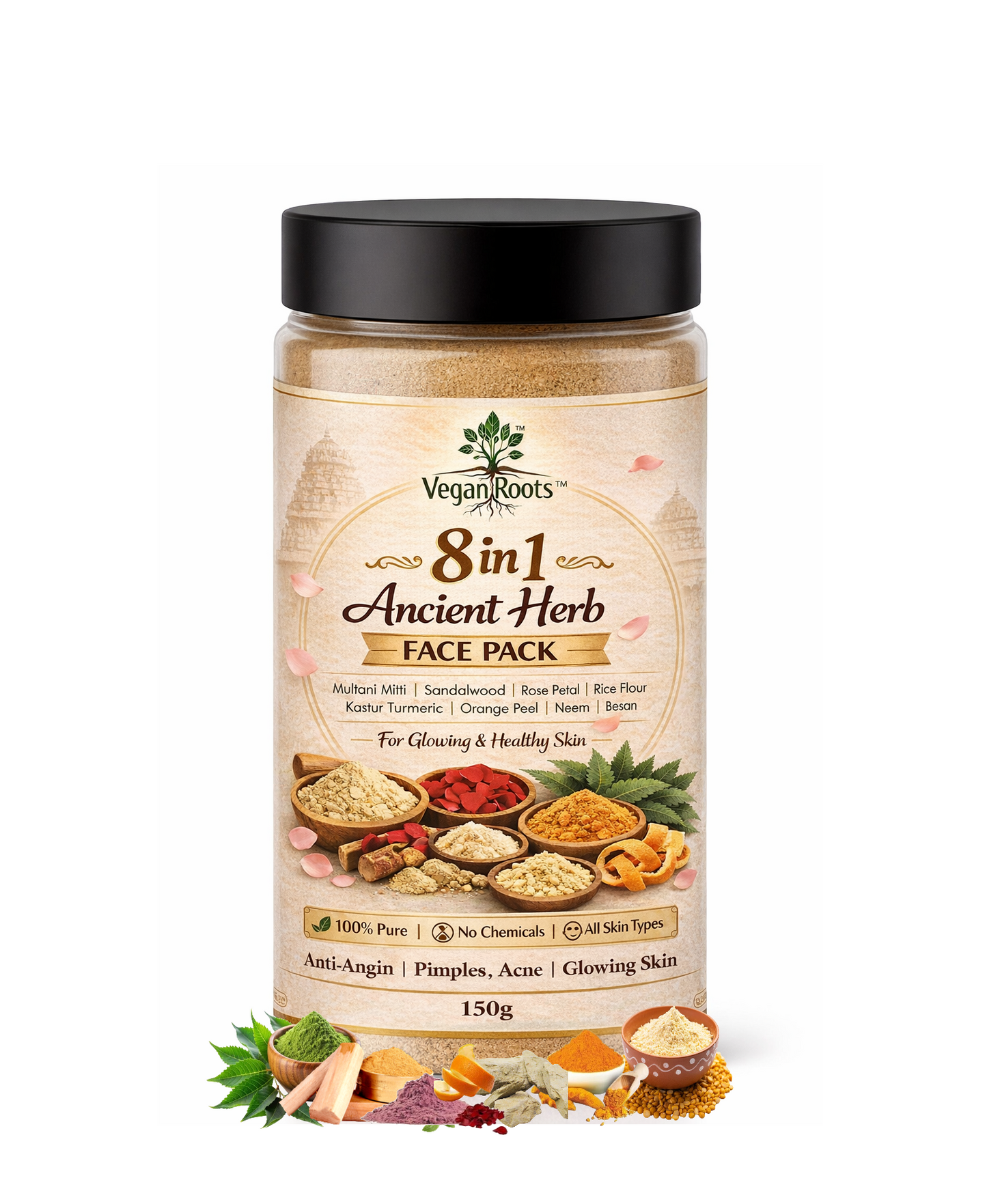 Pure & Natural 8 in 1 Ancient Herb Face Pack with Multani Mitti, Sandalwood, Rose Petal, Rice Flour, Kastur Turmeric, Orange Peel, Neem, Besan for Glowing, Healthy, Anti-Ageing Skin, All Skin Types, 150g