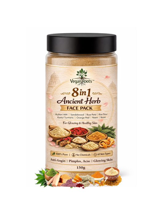Pure & Natural 8 in 1 Ancient Herb Face Pack with Multani Mitti, Sandalwood, Rose Petal, Rice Flour, Kastur Turmeric, Orange Peel, Neem, Besan for Glowing, Healthy, Anti-Ageing Skin, All Skin Types, 150g
