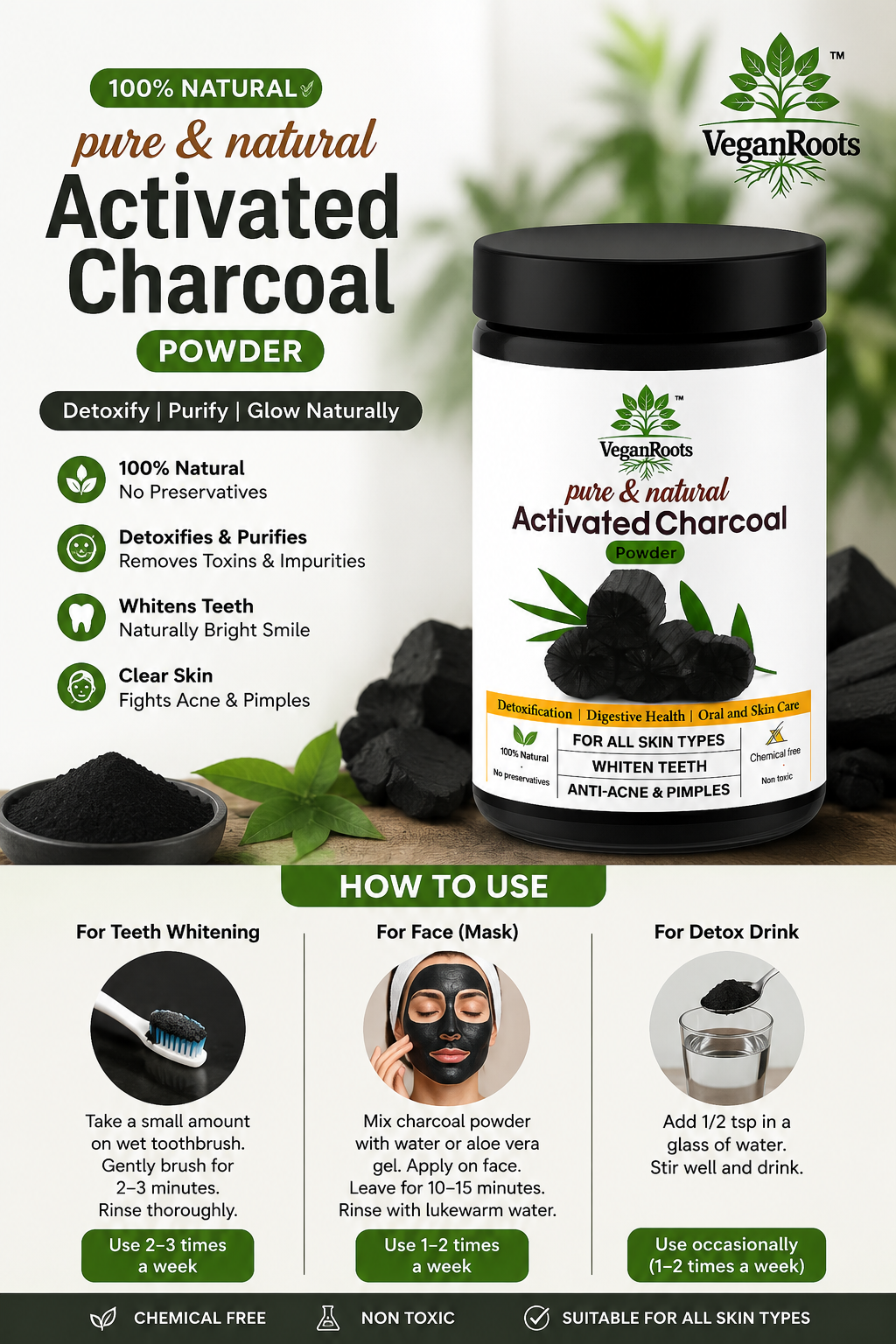 Pure & Natural Natural Activated Charcoal Powder Ideal for Skin Removes Dead Skin, Impurities, Detoxifies Skin and Teeth Whitening 180g