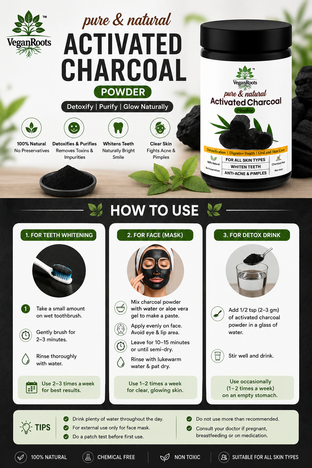 Pure & Natural Natural Activated Charcoal Powder Ideal for Skin Removes Dead Skin, Impurities, Detoxifies Skin and Teeth Whitening 180g