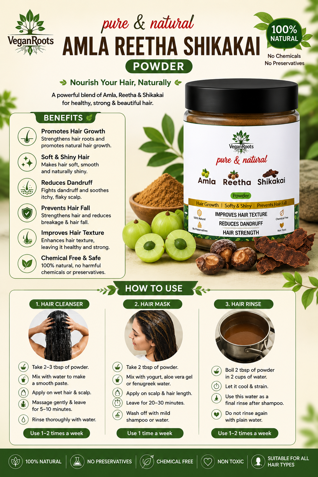 Pure & Natural Hair Shampoo With Amla Reetha Shikakai Hair Fall Control, Dandruff Care & Hair Growth – Sulfate-Free, Herbal Cleanser for Men & Women 150g