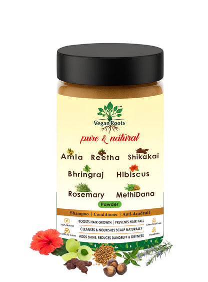Pure & Natural Hair Shampoo with Amla, Reetha, Shikakai Bhringraj Hibiscus Methi Dana & Rosemary Leaves Powder for Men & Women | 100% Organic | Paraben & Sulphate Free