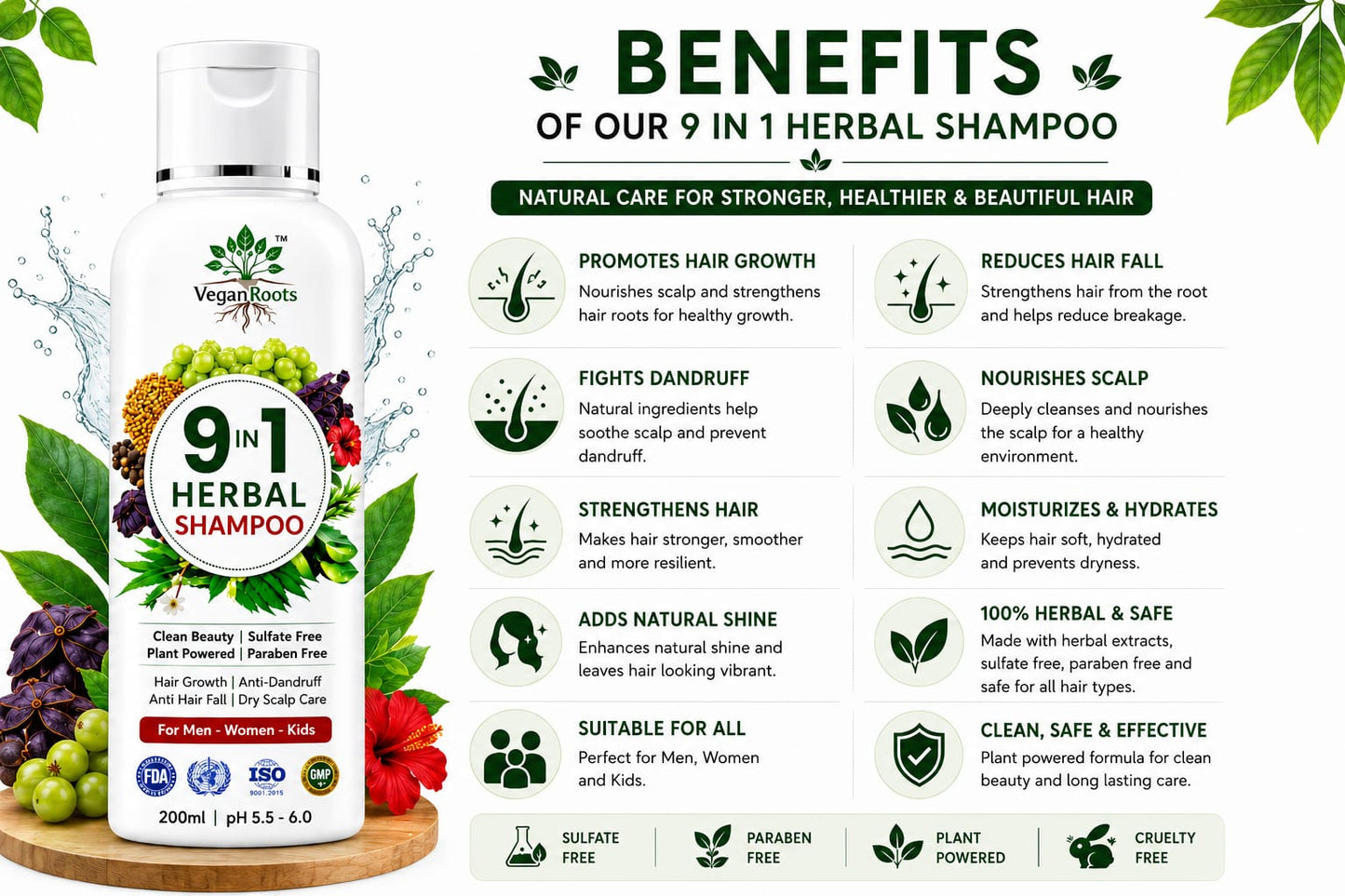 9 Natural Herbs Extracts Shampoo with Amla, Reetha, Shikakai, Rosemary & Ayurvedic Herbs | Anti Hair Fall, Anti Dandruff, Hair Growth & Scalp Nourishment | Sulphate & Paraben Free | For Men & Women