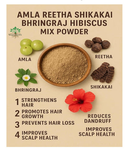 Pure & Natural 5 in 1 Amla, Reetha, Shikakai, Bhringraj & Hibiscus Powder –  150gm