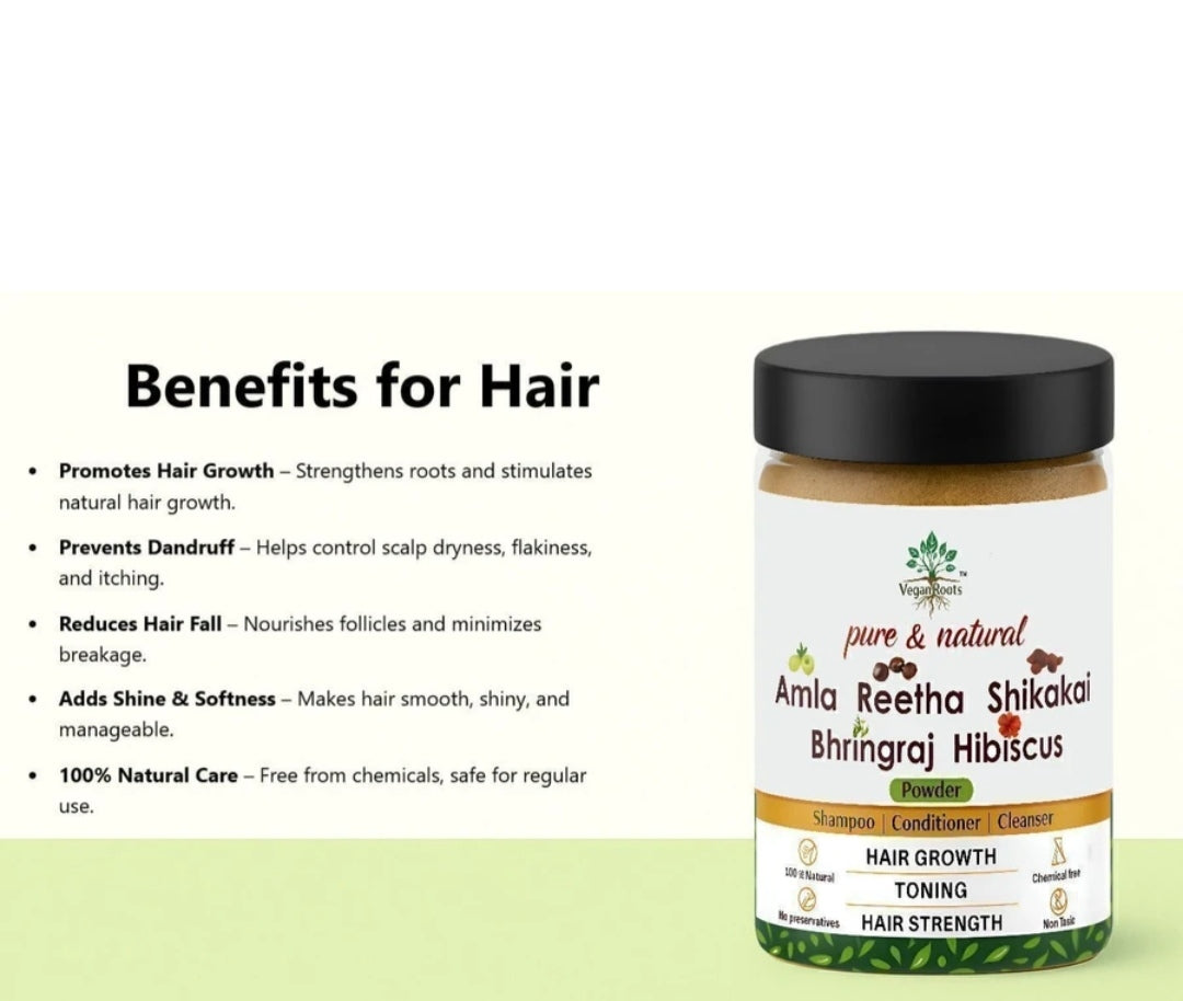 Vegan Roots Natural Hair Shampoo with Herbal Amla, Reetha, Shikakai Bhringraj Hibiscus Powder for Men & Women | 100% Organic | Paraben & Sulphate Free –