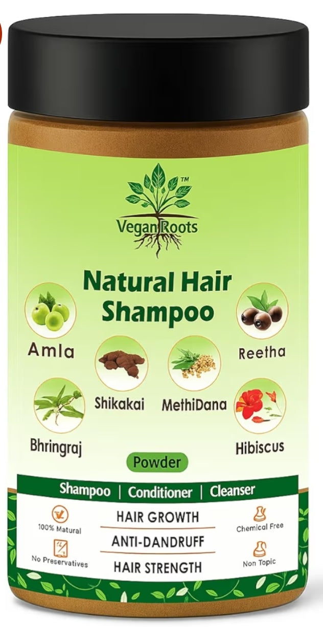 Vegan Roots Natural Hair Shampoo with Herbal Amla, Reetha, Shikakai Bhringraj Hibiscus & Methi Dana Powder for Men & Women | 100% Organic | Paraben & Sulphate Free – 150gm