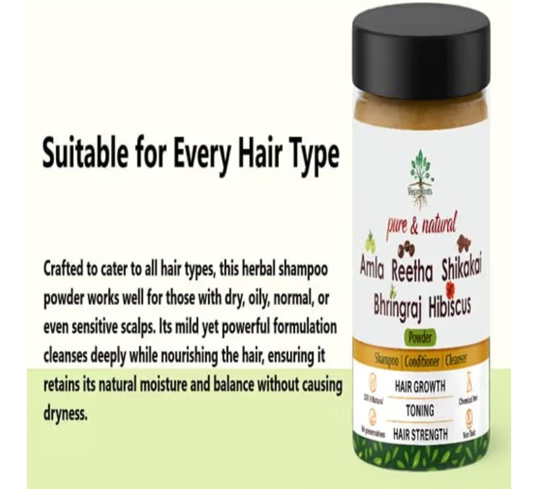Vegan Roots Natural Hair Shampoo with Herbal Amla, Reetha, Shikakai Bhringraj Hibiscus Powder for Men & Women | 100% Organic | Paraben & Sulphate Free –